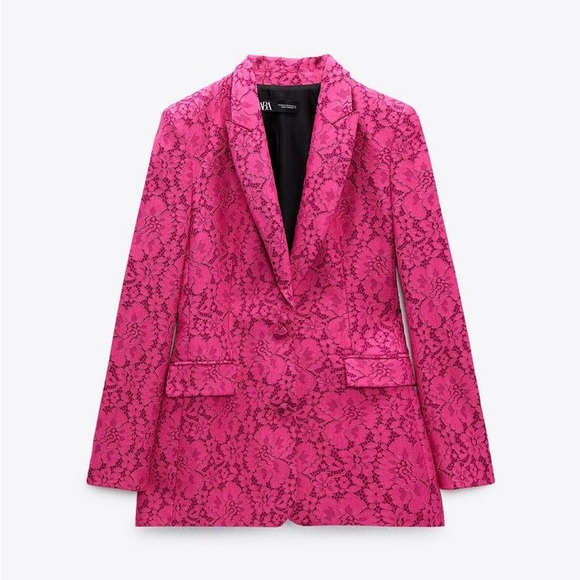 ZARA Tailored Lace Floral Blazer | Fuchsia | M - Picture 13 of 15
